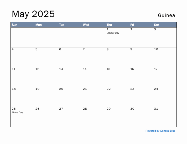 May 2025 Simple Monthly Calendar for Guinea
