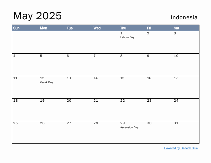 May 2025 Simple Monthly Calendar for Indonesia