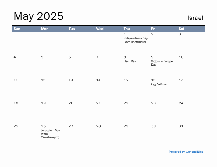 May 2025 Simple Monthly Calendar for Israel