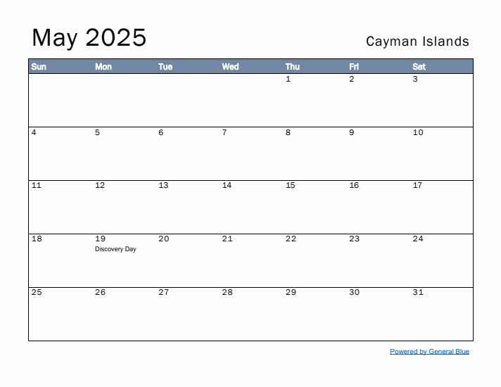 May 2025 Simple Monthly Calendar for Cayman Islands