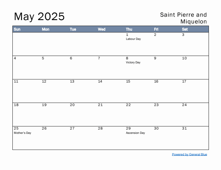 May 2025 Simple Monthly Calendar for Saint Pierre and Miquelon