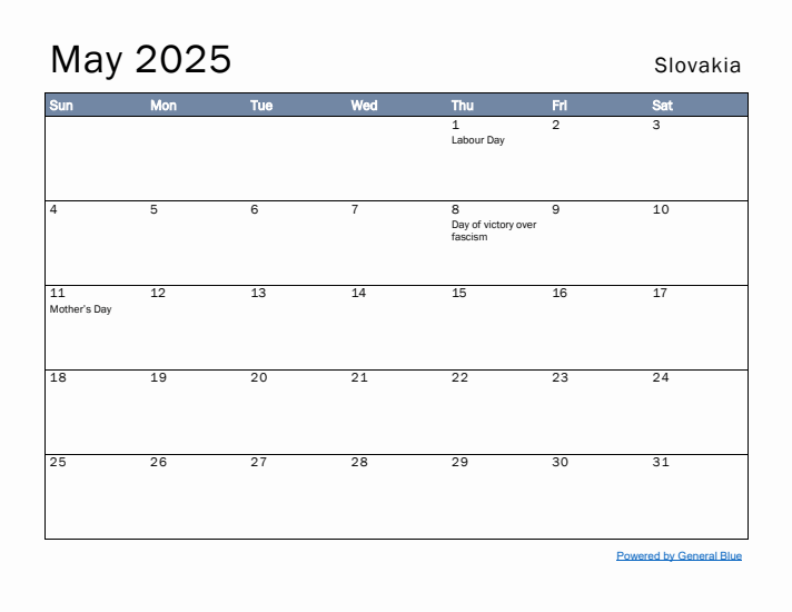 May 2025 Simple Monthly Calendar for Slovakia