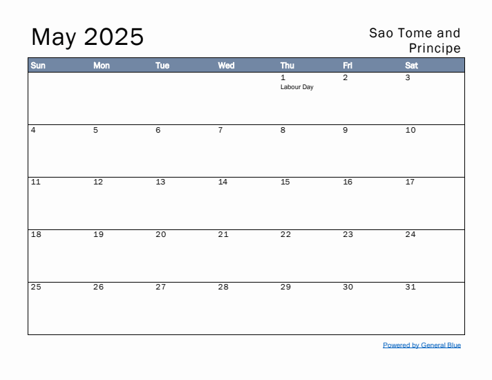 May 2025 Simple Monthly Calendar for Sao Tome and Principe
