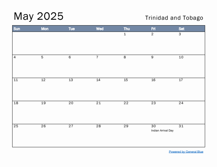 May 2025 Simple Monthly Calendar for Trinidad and Tobago