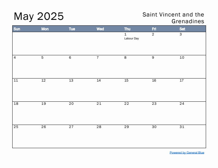 May 2025 Simple Monthly Calendar for Saint Vincent and the Grenadines