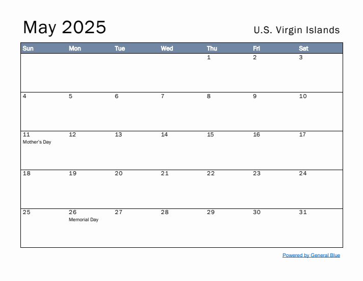 May 2025 Simple Monthly Calendar for U.S. Virgin Islands