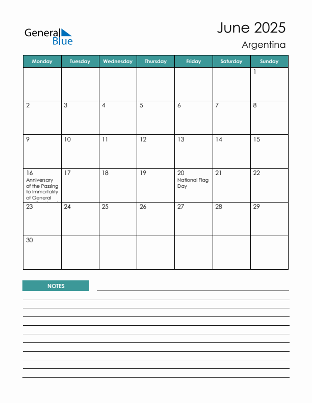 Calendar with Notes Printable - Monday Start