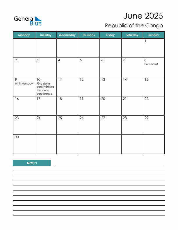 Calendar with Notes Printable - Monday Start