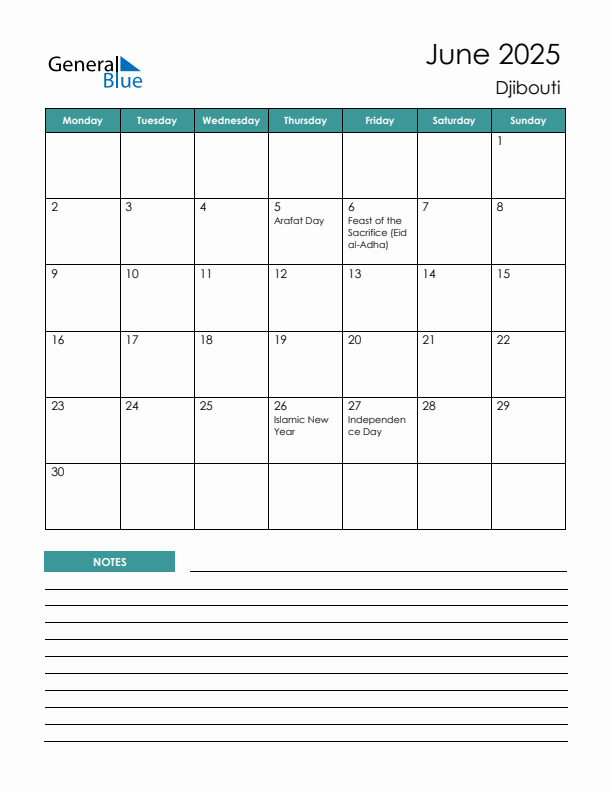 Calendar with Notes Printable - Monday Start