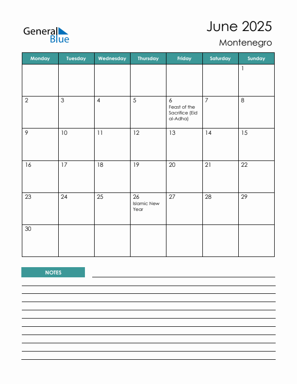 Calendar with Notes Printable - Monday Start