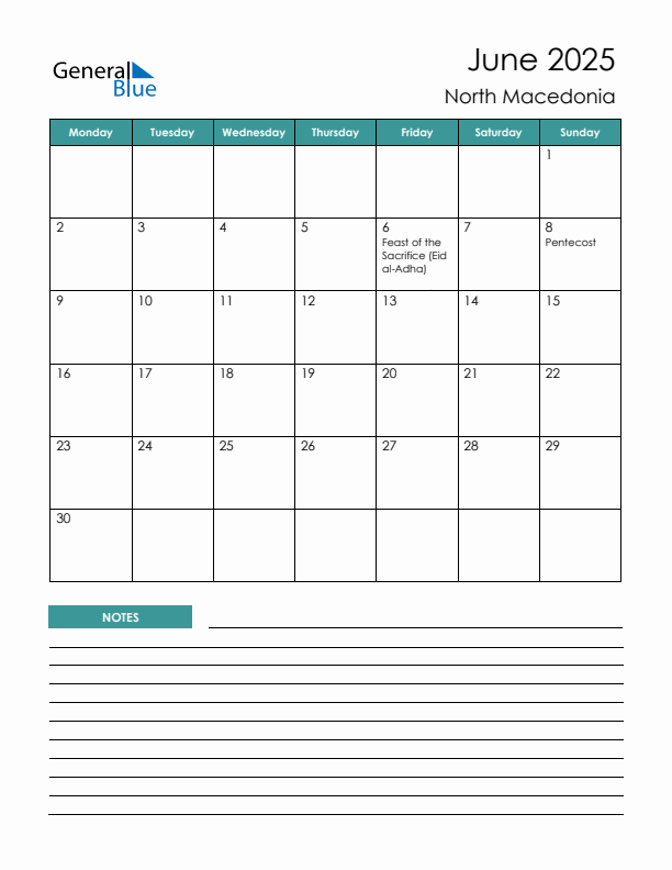 Calendar with Notes Printable - Monday Start