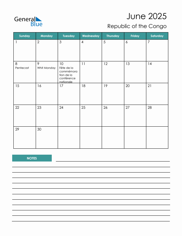 Calendar with Notes Printable - Sunday Start