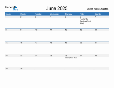 Current month calendar with United Arab Emirates holidays for June 2025