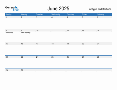 Current month calendar with Antigua and Barbuda holidays for June 2025
