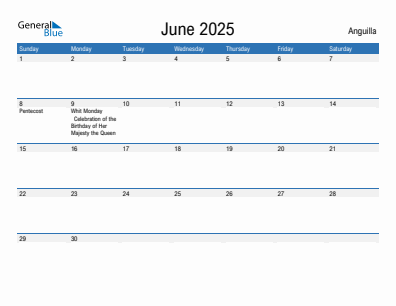 Current month calendar with Anguilla holidays for June 2025