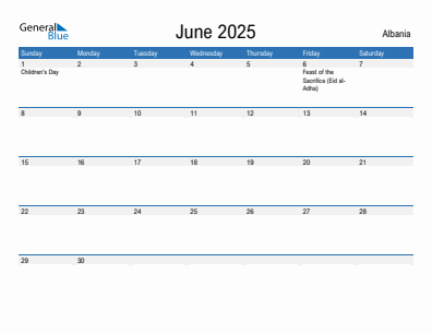 Current month calendar with Albania holidays for June 2025