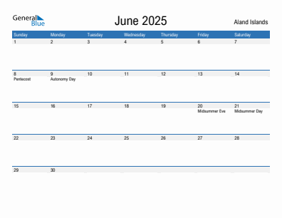 Current month calendar with Aland Islands holidays for June 2025