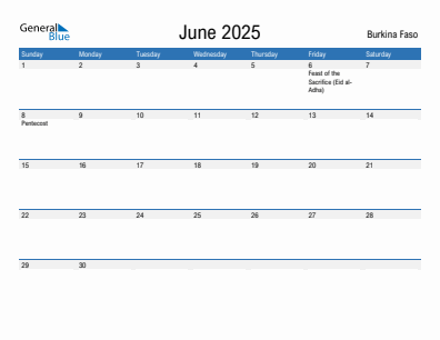Current month calendar with Burkina Faso holidays for June 2025