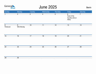 Current month calendar with Benin holidays for June 2025