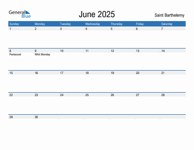 Current month calendar with Saint Barthelemy holidays for June 2025
