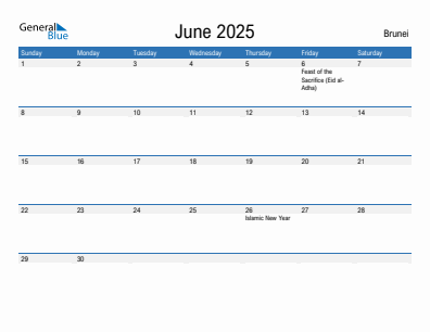 Current month calendar with Brunei holidays for June 2025