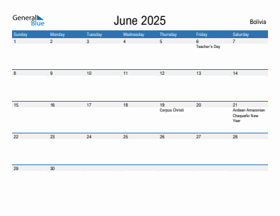 Current month calendar with Bolivia holidays for June 2025