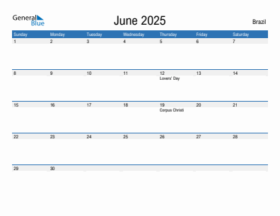 Current month calendar with Brazil holidays for June 2025