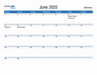 Current month calendar with Bahamas holidays for June 2025