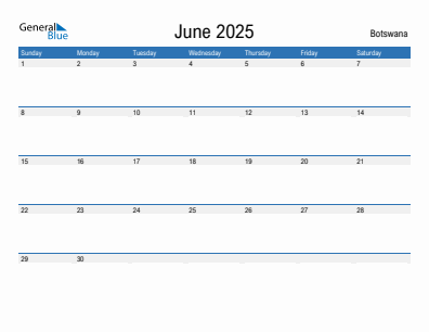 Current month calendar with Botswana holidays for June 2025