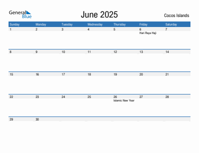 Current month calendar with Cocos Islands holidays for June 2025