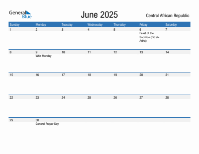 Current month calendar with Central African Republic holidays for June 2025