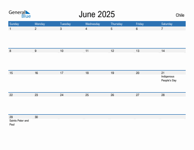 Current month calendar with Chile holidays for June 2025