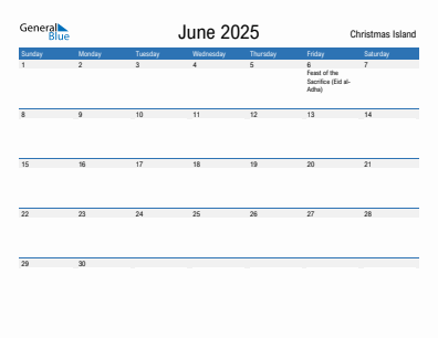 Current month calendar with Christmas Island holidays for June 2025