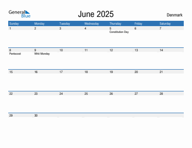 Current month calendar with Denmark holidays for June 2025