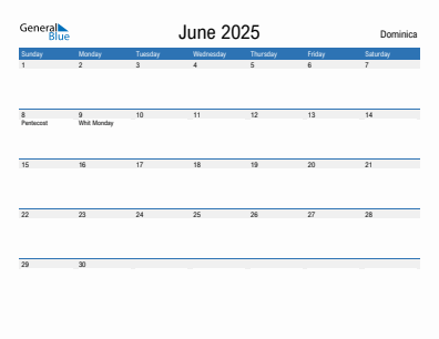 Current month calendar with Dominica holidays for June 2025