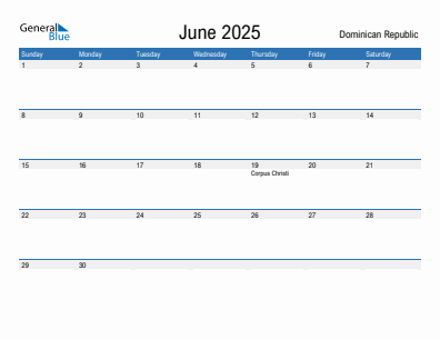 Current month calendar with Dominican Republic holidays for June 2025