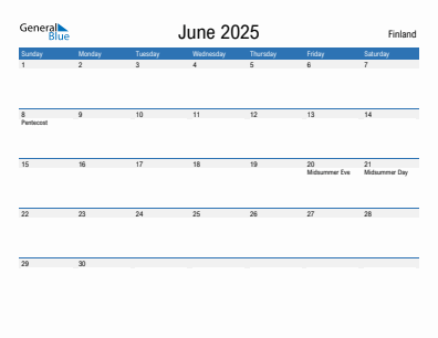 Current month calendar with Finland holidays for June 2025