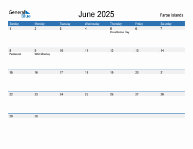 Current month calendar with Faroe Islands holidays for June 2025