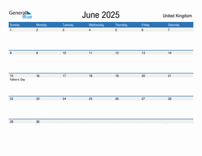 Current month calendar with United Kingdom holidays for June 2025