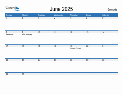Current month calendar with Grenada holidays for June 2025