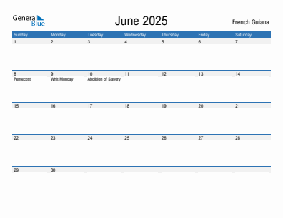 Current month calendar with French Guiana holidays for June 2025