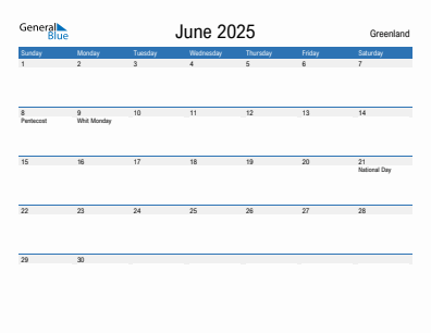 Current month calendar with Greenland holidays for June 2025