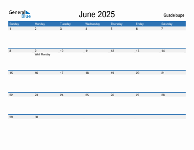 Current month calendar with Guadeloupe holidays for June 2025