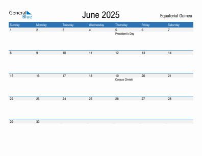 Current month calendar with Equatorial Guinea holidays for June 2025