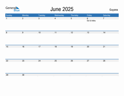 Current month calendar with Guyana holidays for June 2025