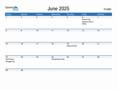Current month calendar with Croatia holidays for June 2025