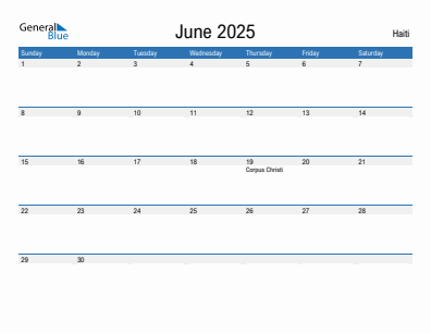 Current month calendar with Haiti holidays for June 2025