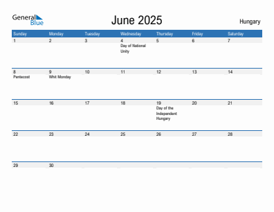 Current month calendar with Hungary holidays for June 2025