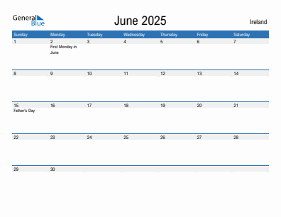 Current month calendar with Ireland holidays for June 2025