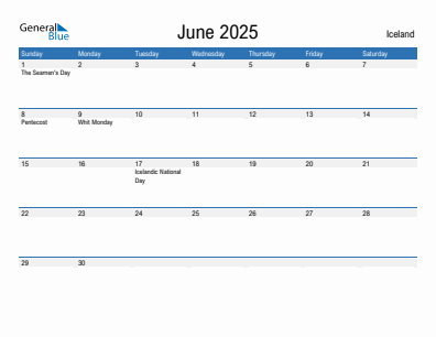 Current month calendar with Iceland holidays for June 2025